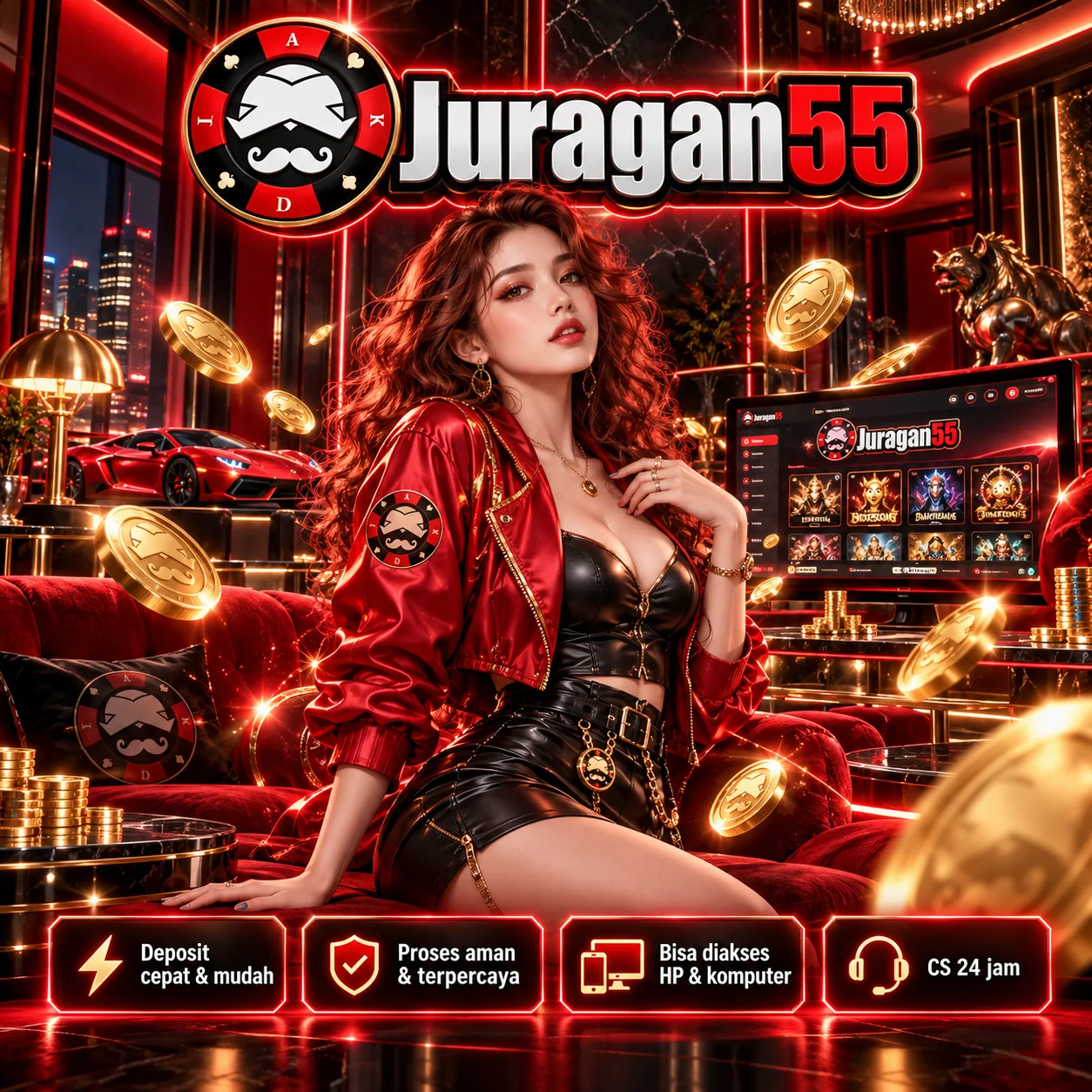 Banner JURAGAN55 untuk Ruang Perangkat, tema merah hitam dan ilustrasi game digital